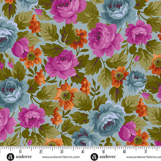 Moonlight Roses - Rose Bush Light Blue - Andover Fabrics
